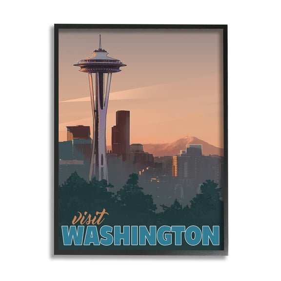 Stupell Industries Visit Washington Urban Metropolis Space Needle Landmark Graphic Art Black Framed Art Print Wall Art, Design by David Owens Illustration