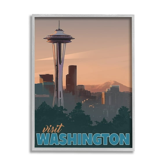 Stupell Industries Visit Washington Urban Metropolis Space Needle Landmark Graphic Art Gray Framed Art Print Wall Art, Design by David Owens Illustration
