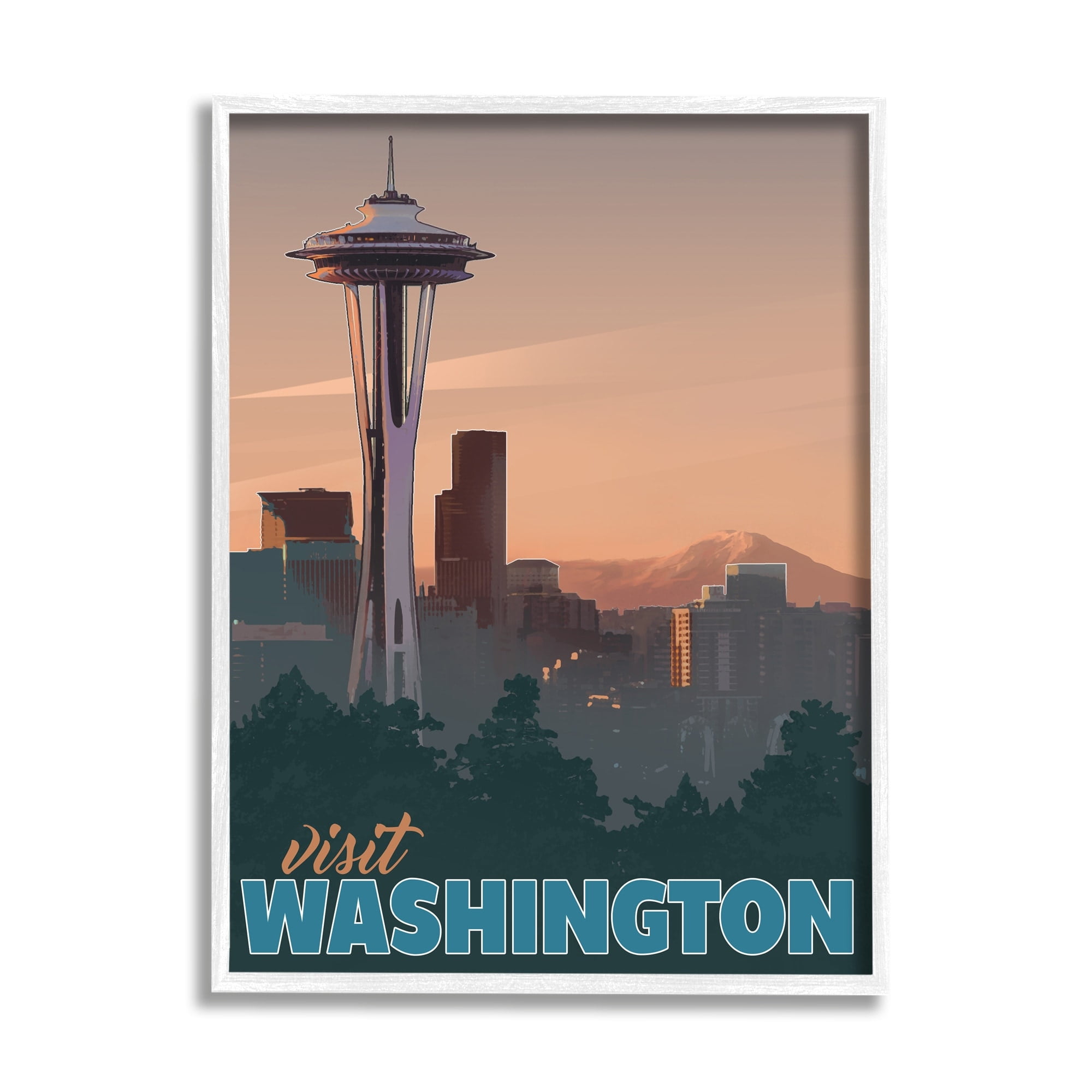 Stupell Industries Visit Washington Urban Metropolis Space Needle Landmark Graphic Art White Framed Art Print Wall Art, Design by David Owens Illustration