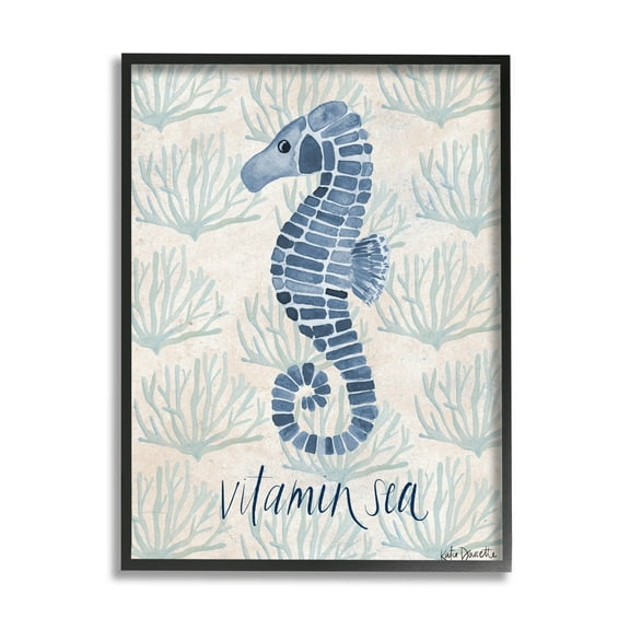 Stupell Industries Vitamin Sea Aquatic Pun Seahorse Graphic Art Black Framed Art Print Wall Art, Design by Katie Doucette