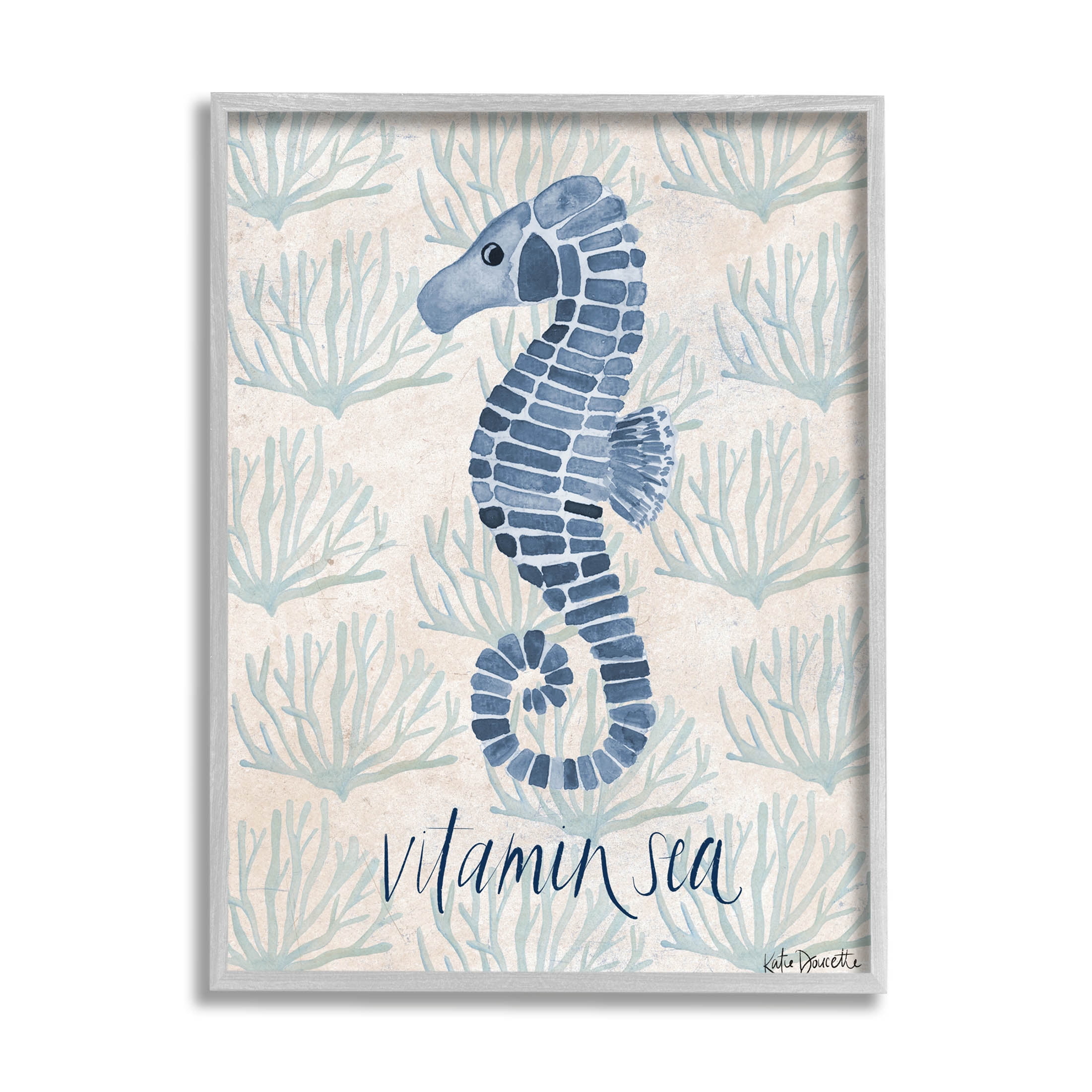 Stupell Industries Vitamin Sea Aquatic Pun Seahorse Graphic Art Gray Framed Art Print Wall Art, Design by Katie Doucette