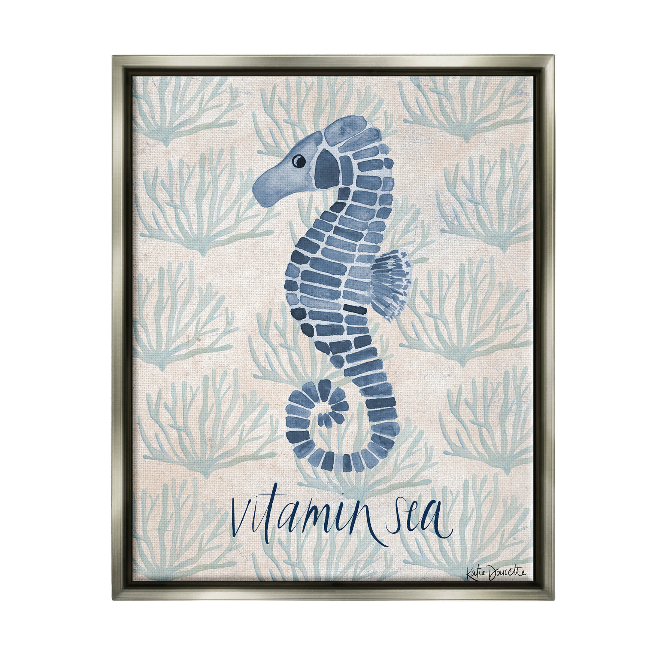 Stupell Industries Vitamin Sea Aquatic Pun Seahorse Graphic Art Luster Gray Floating Framed Canvas Print Wall Art, Design by Katie Doucette