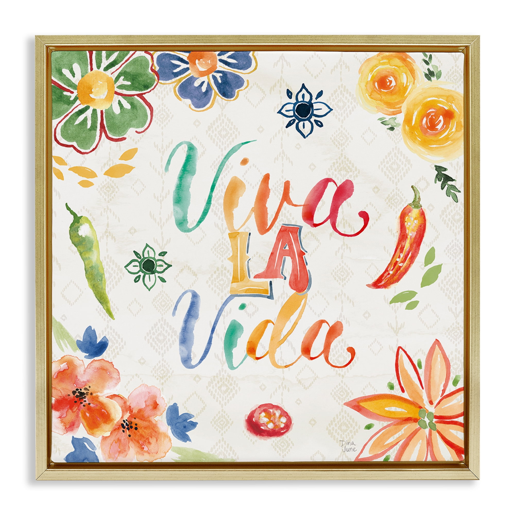 Stupell Industries Viva La Vida Celebración Inspirational Quotes & Sayings Painting Gold Floater Framed Art Print Wall Art, 18 x 18