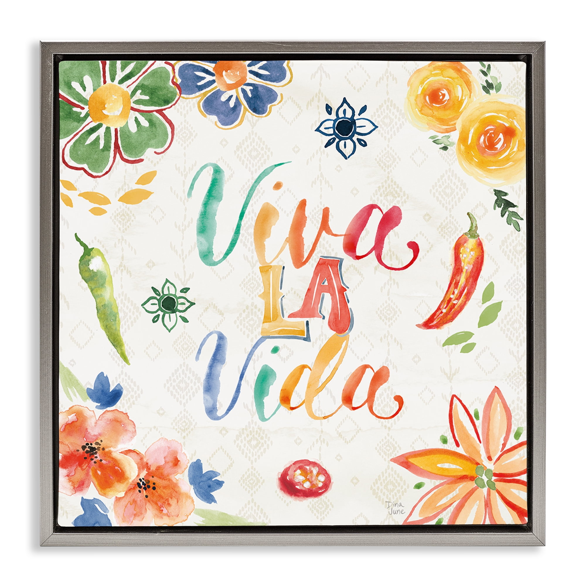 Stupell Industries Viva La Vida Celebración Inspirational Quotes & Sayings Painting Gray Floater Framed Art Print Wall Art, 18 x 18