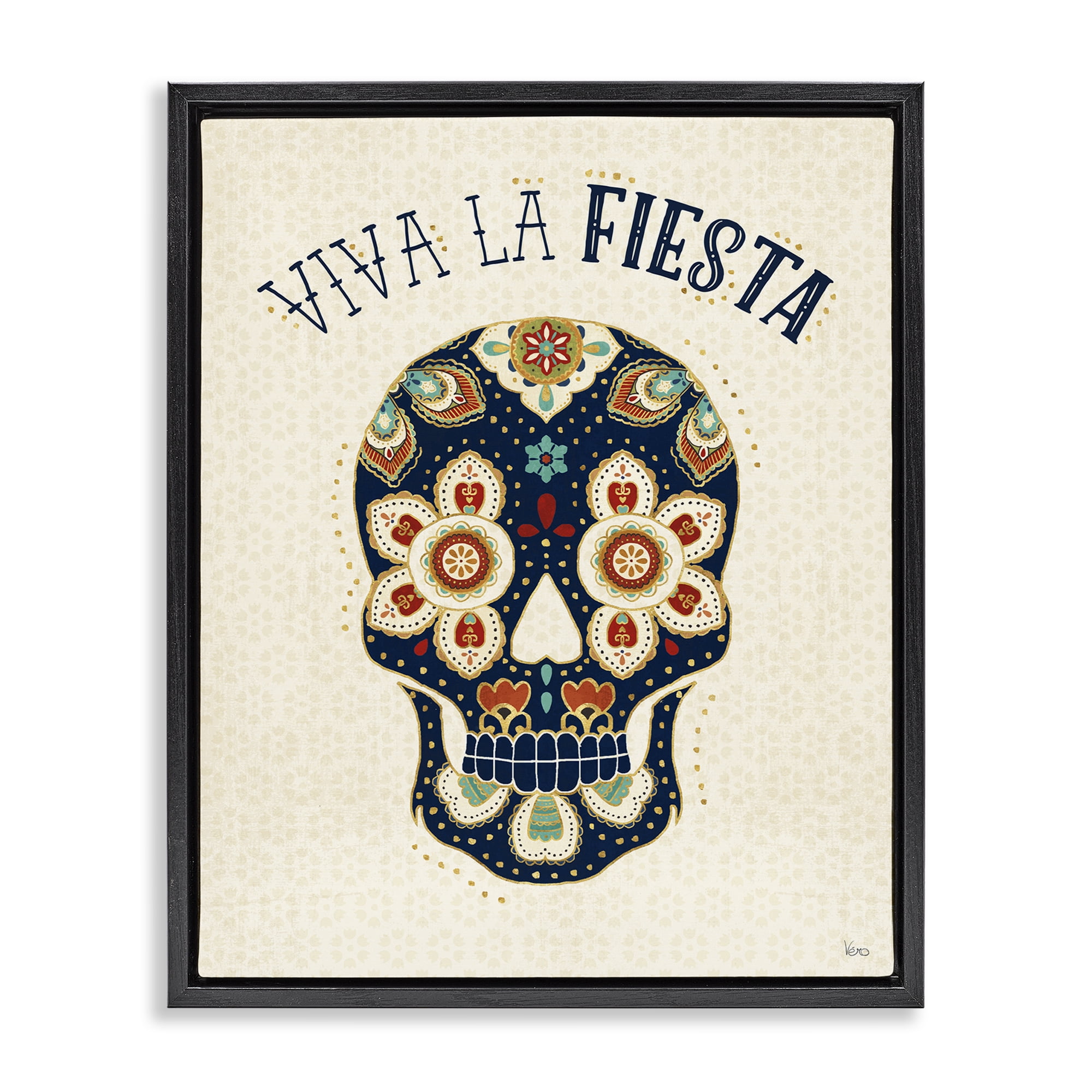 Stupell Industries Viva la Fiesta Calavera Inspirational Quotes & Sayings Painting Black Floater Framed Art Print Wall Art, 17 x 21
