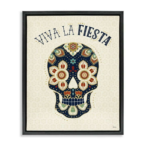 Stupell Industries Viva la Fiesta Calavera Inspirational Quotes & Sayings Painting Black Floater Framed Art Print Wall Art, 17 x 21
