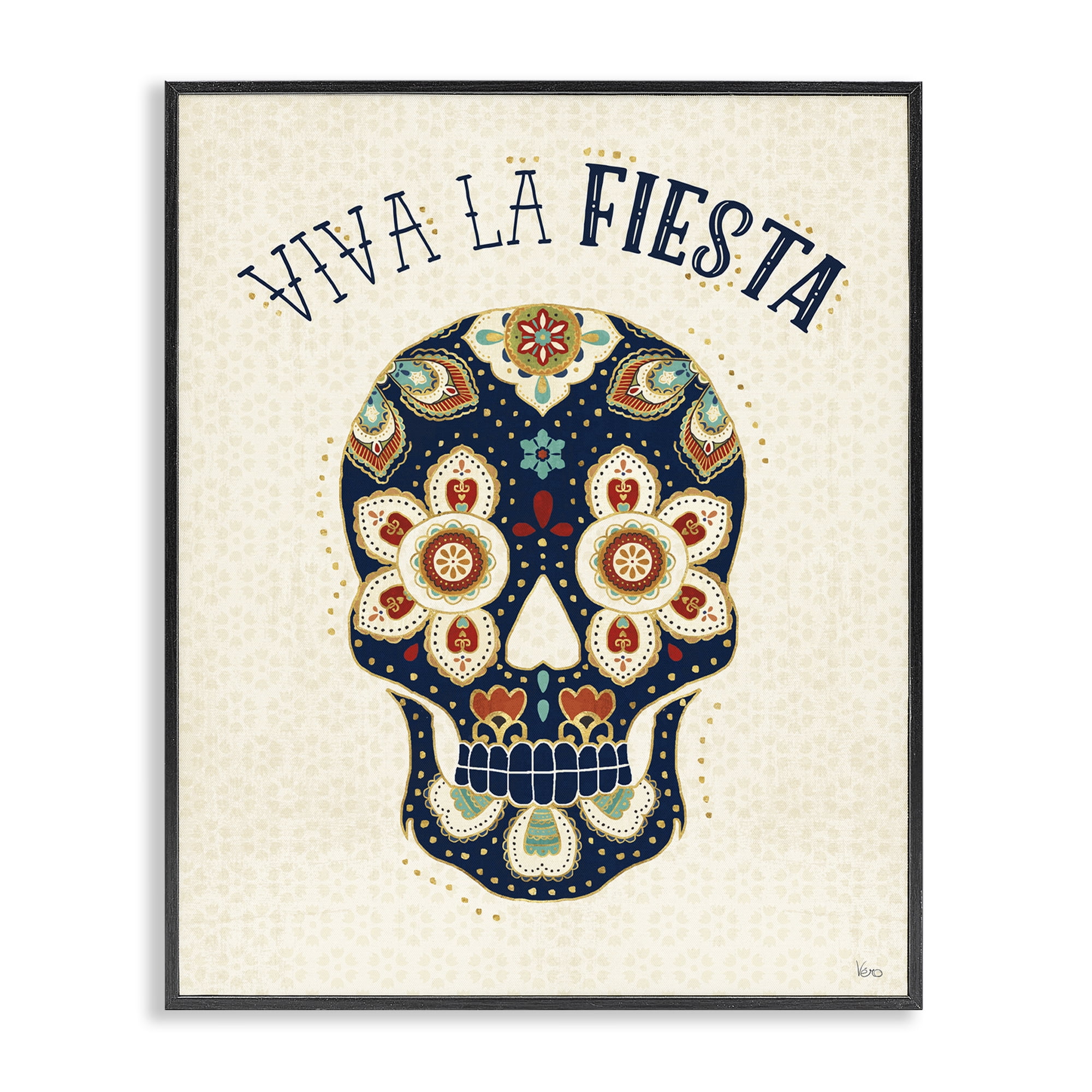 Stupell Industries Viva la Fiesta Calavera Inspirational Quotes & Sayings Painting Black Framed Art Print Wall Art, 24 x 30