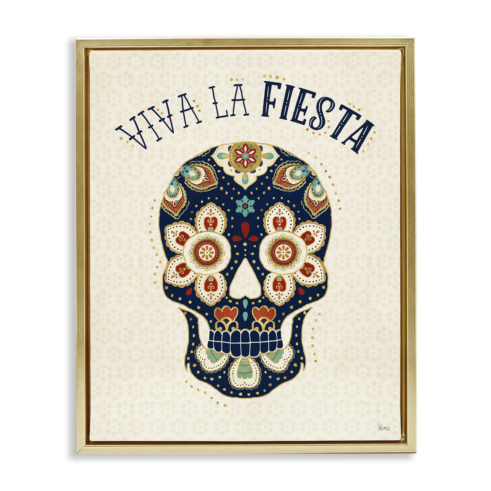 Stupell Industries Viva la Fiesta Calavera Inspirational Quotes & Sayings Painting Gold Floater Framed Art Print Wall Art, 25 x 31