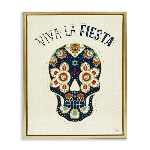 Stupell Industries Viva la Fiesta Calavera Inspirational Quotes & Sayings Painting Gold Floater Framed Art Print Wall Art, 25 x 31