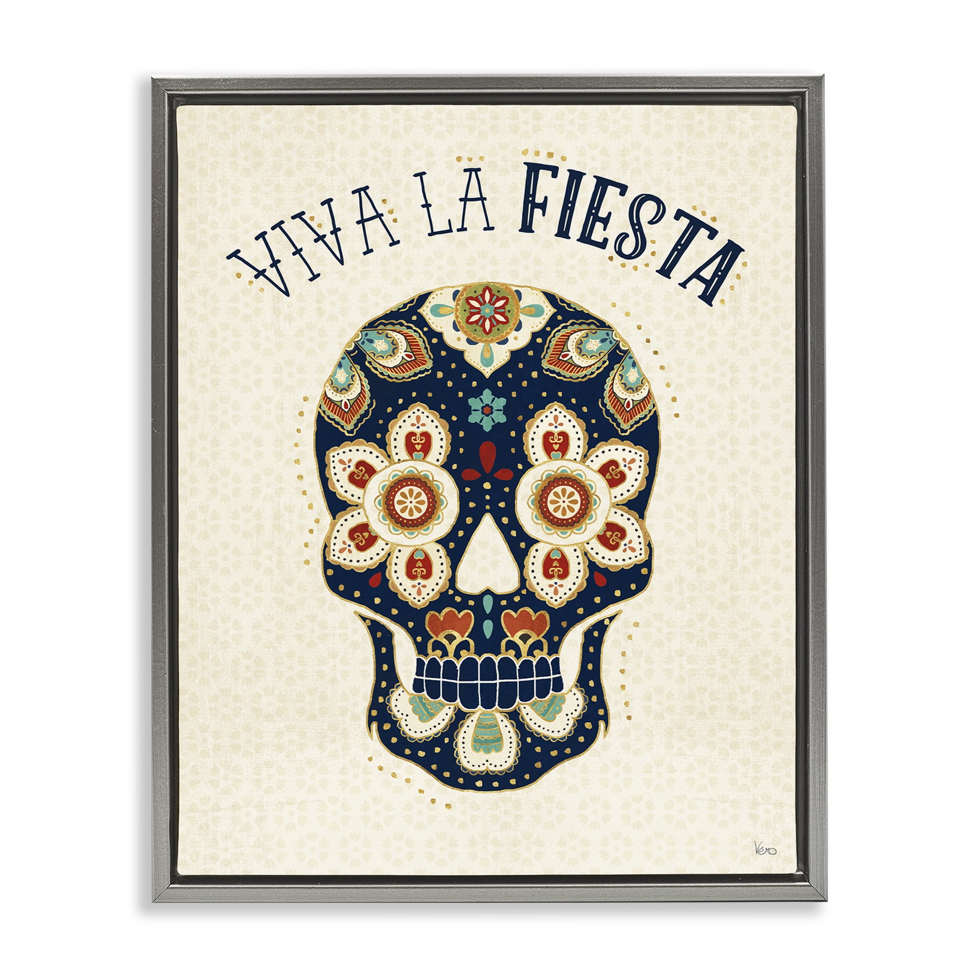 Stupell Industries Viva la Fiesta Calavera Inspirational Quotes & Sayings Painting Gray Floater Framed Art Print Wall Art, 17 x 21