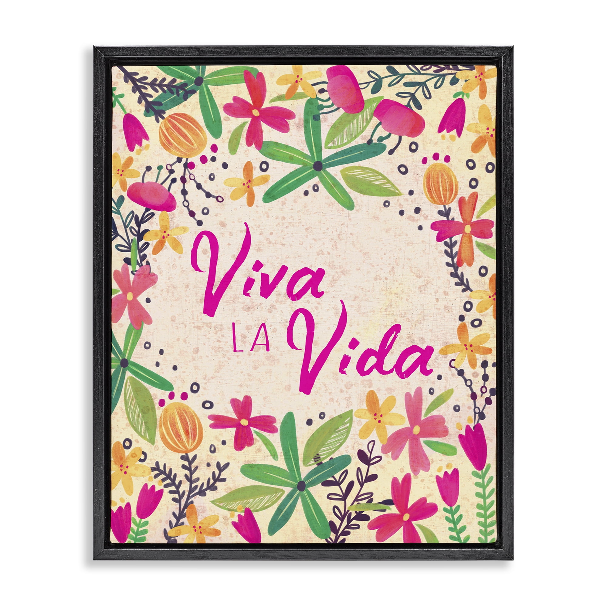 Stupell Industries Viva la Vida Flores Tropicales Inspirational Quotes & Sayings Painting Black Floater Framed Art Print Wall Art, 17 x 21