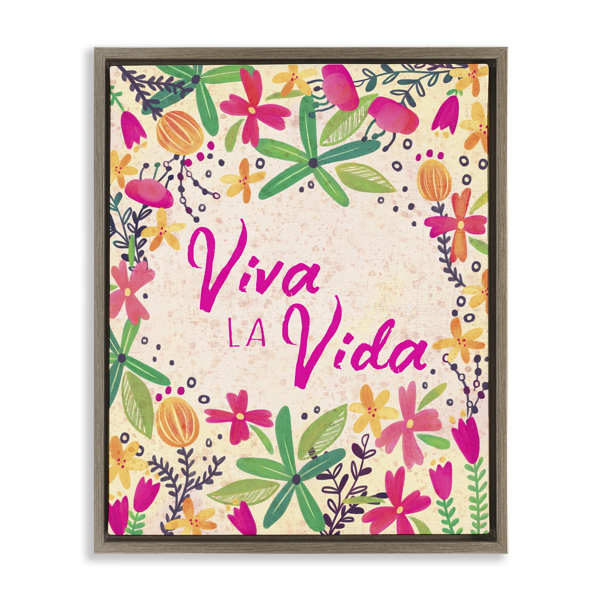 Stupell Industries Viva la Vida Flores Tropicales Inspirational Quotes & Sayings Painting Brown Floater Framed Art Print Wall Art, 25 x 31