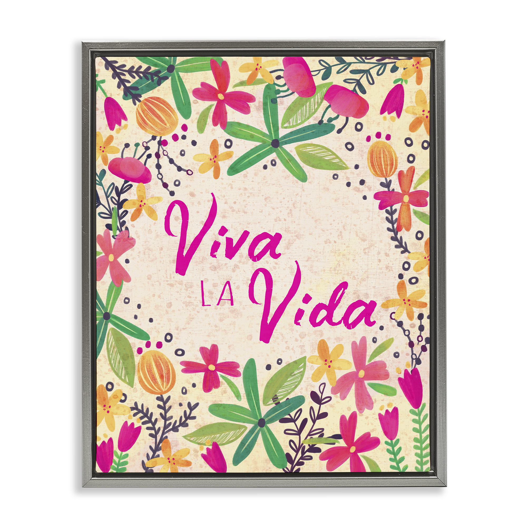 Stupell Industries Viva la Vida Flores Tropicales Inspirational Quotes & Sayings Painting Gray Floater Framed Art Print Wall Art, 17 x 21