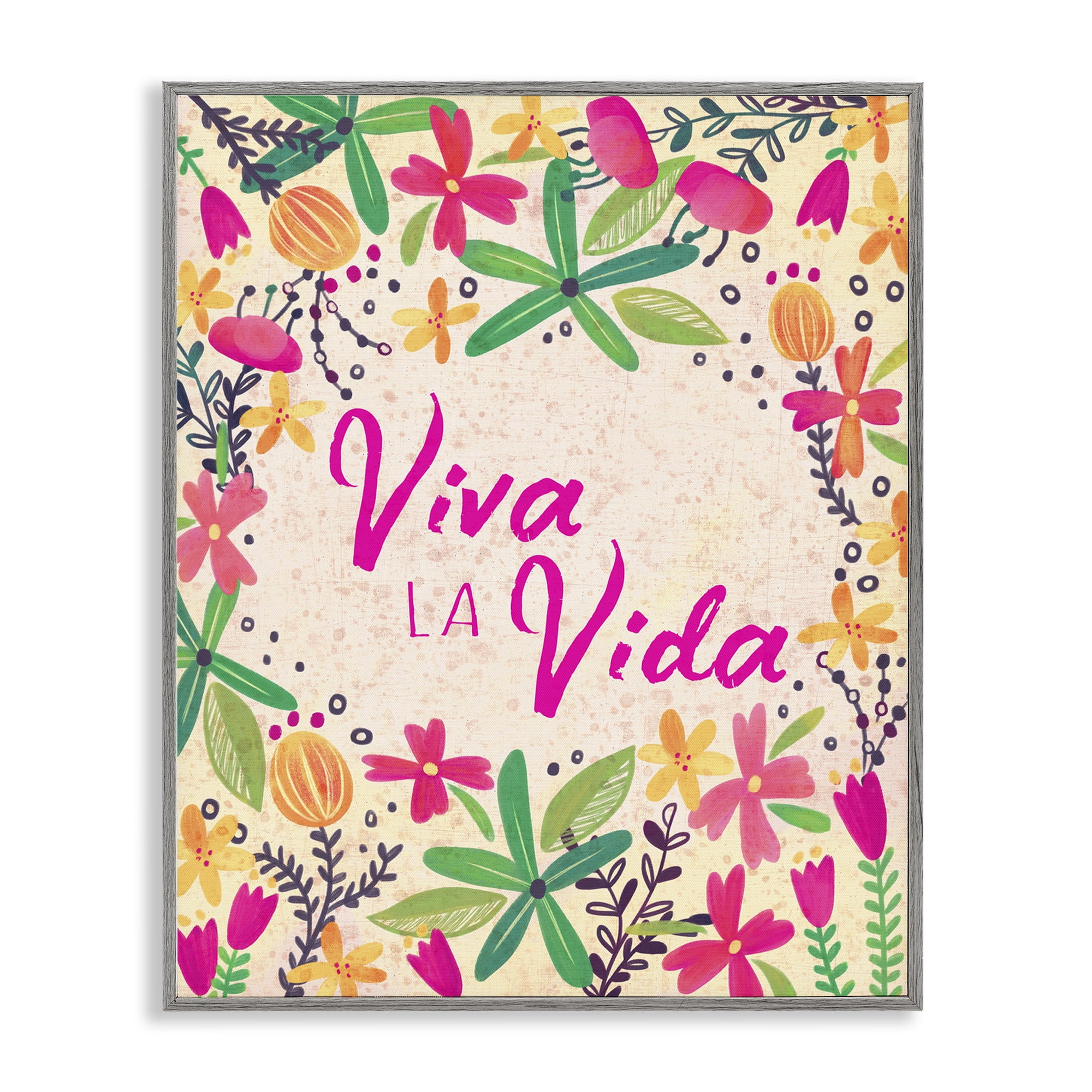 Stupell Industries Viva la Vida Flores Tropicales Inspirational Quotes & Sayings Painting Gray Framed Art Print Wall Art, 16 x 20