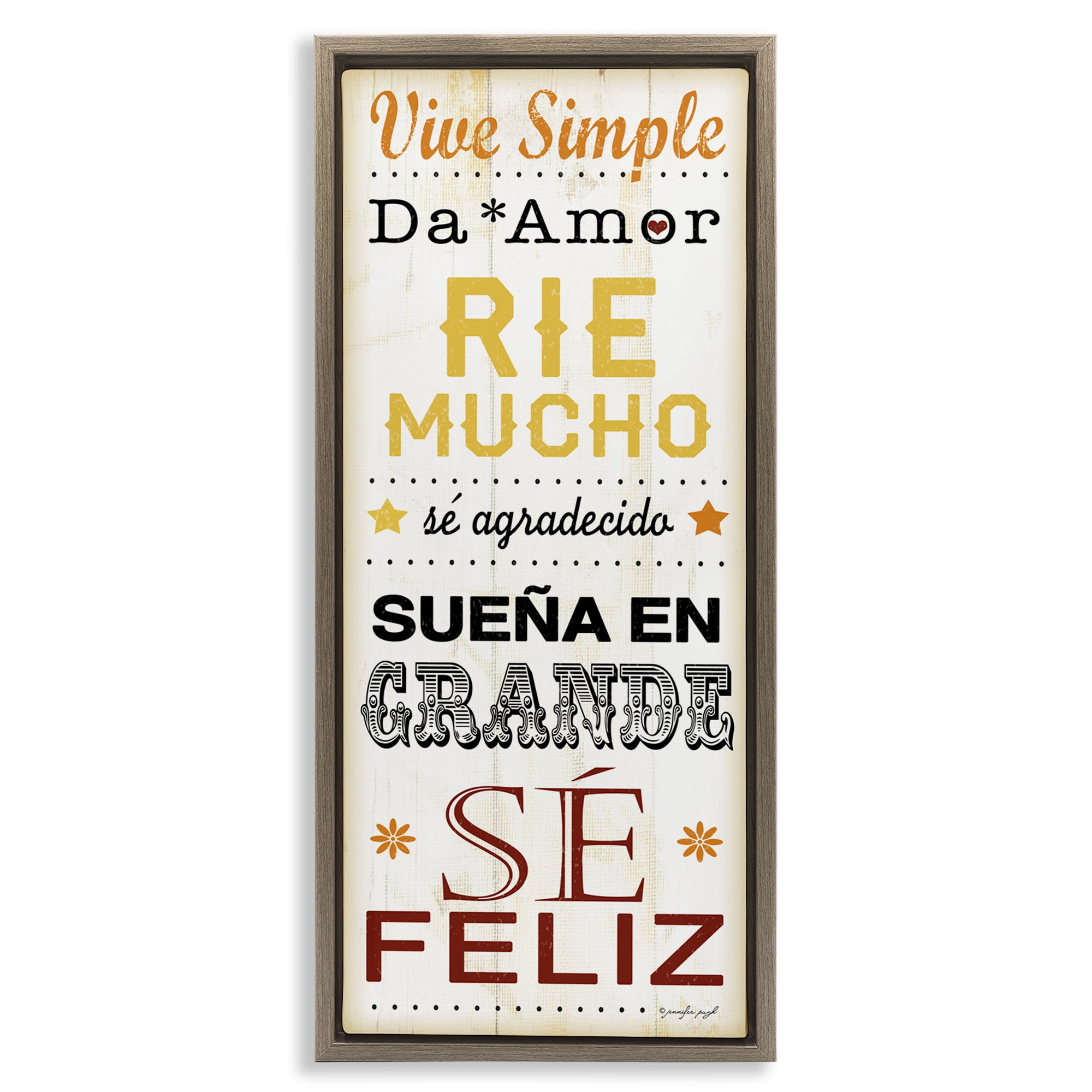 Stupell Industries Vive Simple Ríe Mucho Inspirational Quotes & Sayings Painting Brown Floater Framed Art Print Wall Art, 14 x 31