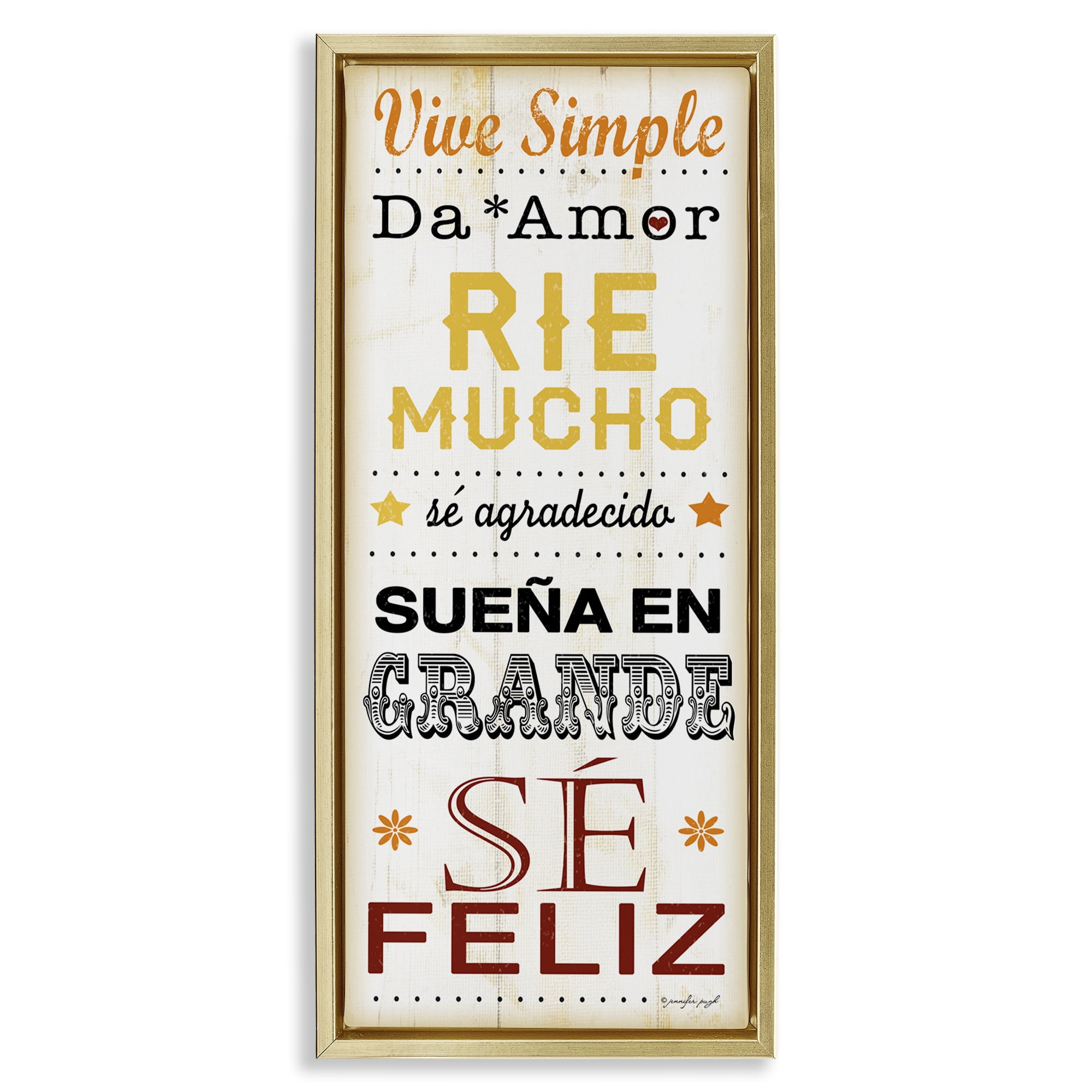 Stupell Industries Vive Simple Ríe Mucho Inspirational Quotes & Sayings Painting Gold Floater Framed Art Print Wall Art, 11 x 25