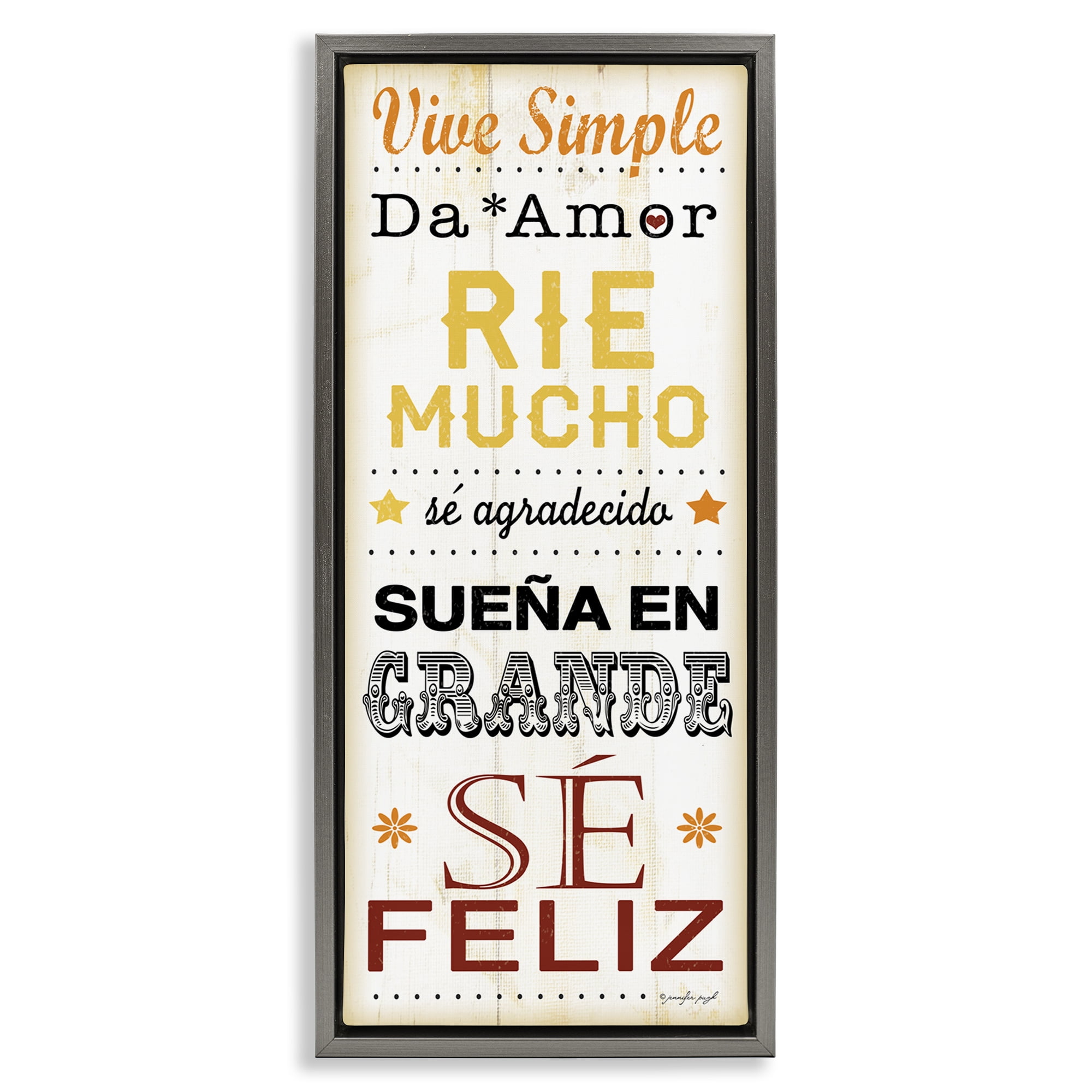 Stupell Industries Vive Simple Ríe Mucho Inspirational Quotes & Sayings Painting Gray Floater Framed Art Print Wall Art, 11 x 25