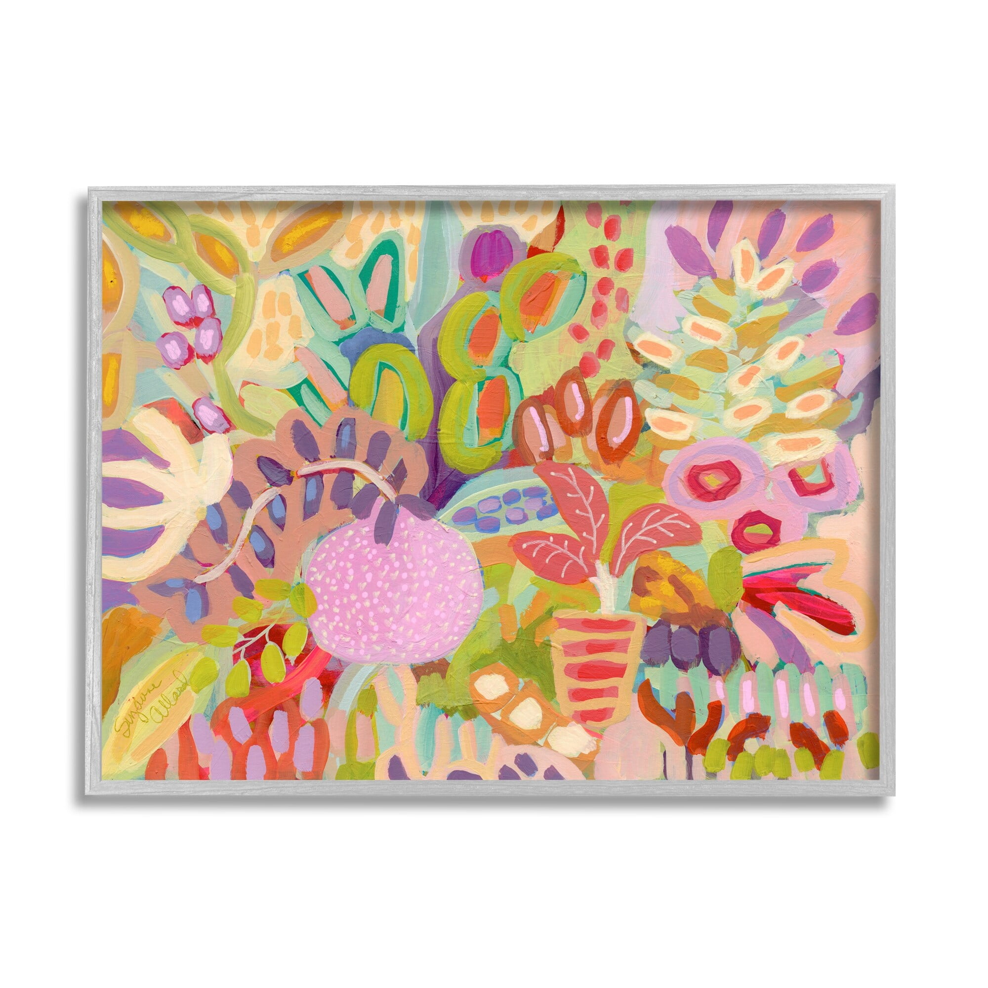 Vivid Multicolor Abstract Botanical Canvas Print with Gray Frame