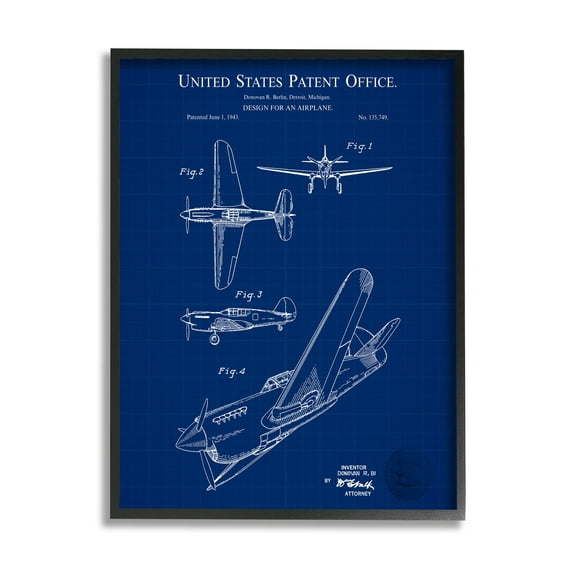 Stupell Industries Vivid Aircraft Blueprint Patent Graphic Art Black Framed Art Print Wall Art, Design by Karl Hronek