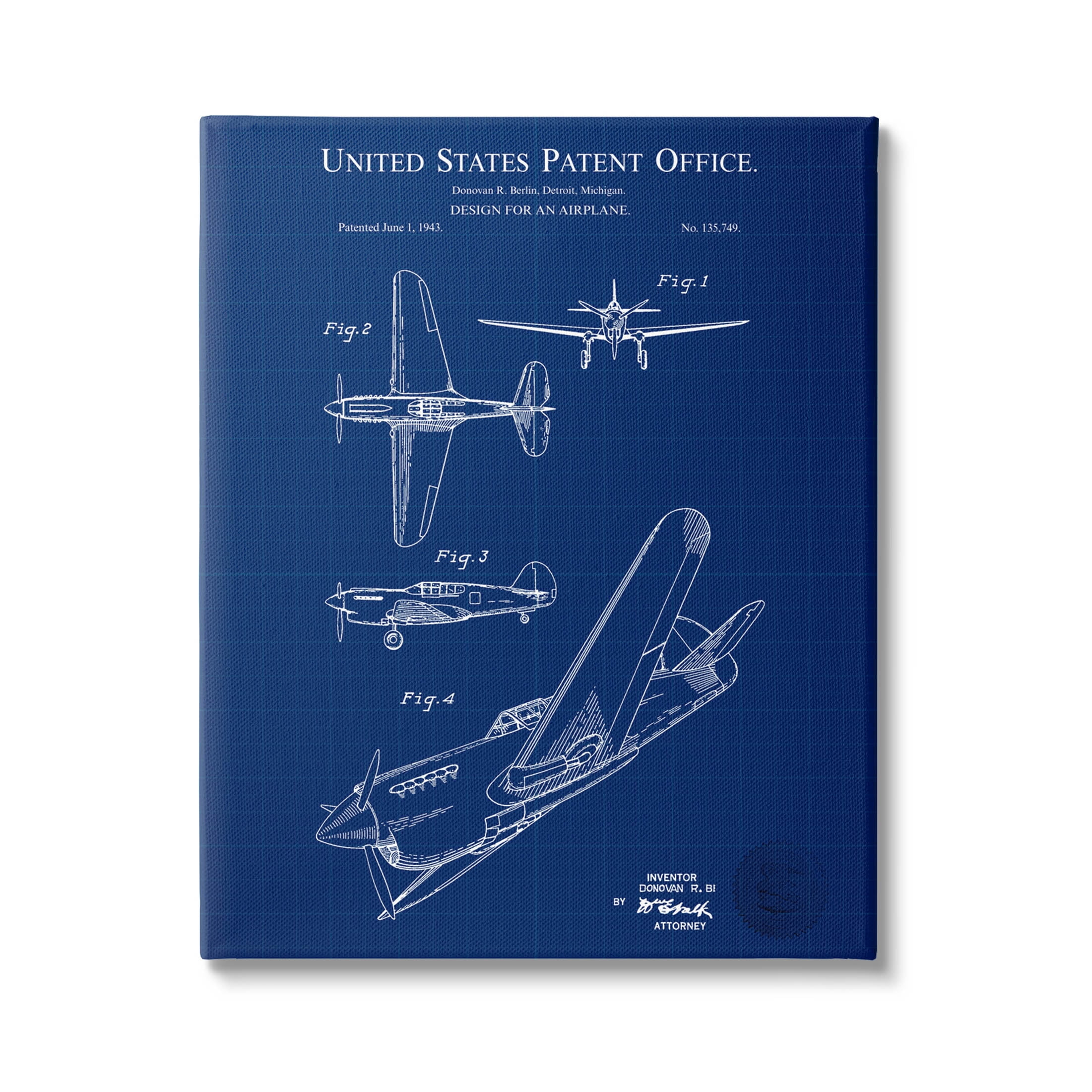 Stupell Industries Vivid Aircraft Blueprint Patent Graphic Art Gallery Wrapped Canvas Print Wall Art, Design by Karl Hronek