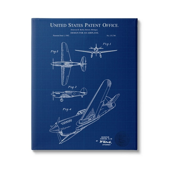 Stupell Industries Vivid Aircraft Blueprint Patent Graphic Art Gallery Wrapped Canvas Print Wall Art, Design by Karl Hronek