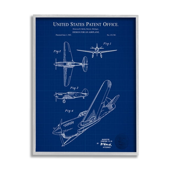 Stupell Industries Vivid Aircraft Blueprint Patent Graphic Art Gray Framed Art Print Wall Art, Design by Karl Hronek