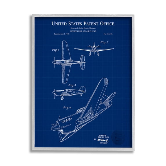 Stupell Industries Vivid Aircraft Blueprint Patent Graphic Art Gray Framed Art Print Wall Art, Design by Karl Hronek