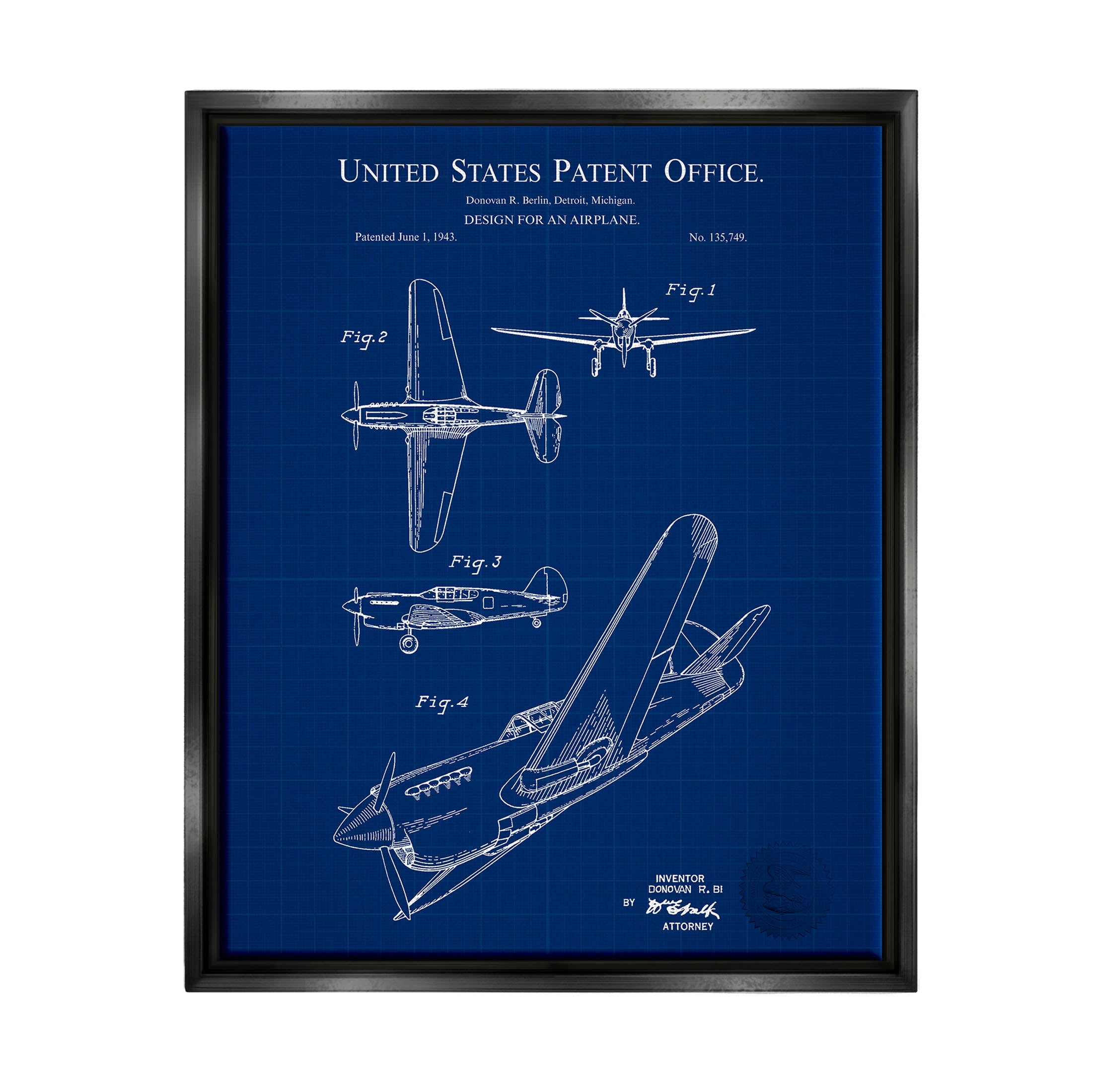 Stupell Industries Vivid Aircraft Blueprint Patent Graphic Art Jet Black Floating Framed Canvas Print Wall Art, Design by Karl Hronek