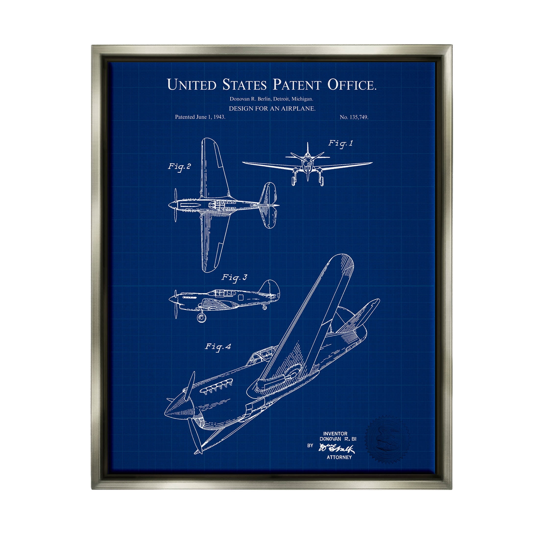 Stupell Industries Vivid Aircraft Blueprint Patent Graphic Art Luster Gray Floating Framed Canvas Print Wall Art, Design by Karl Hronek