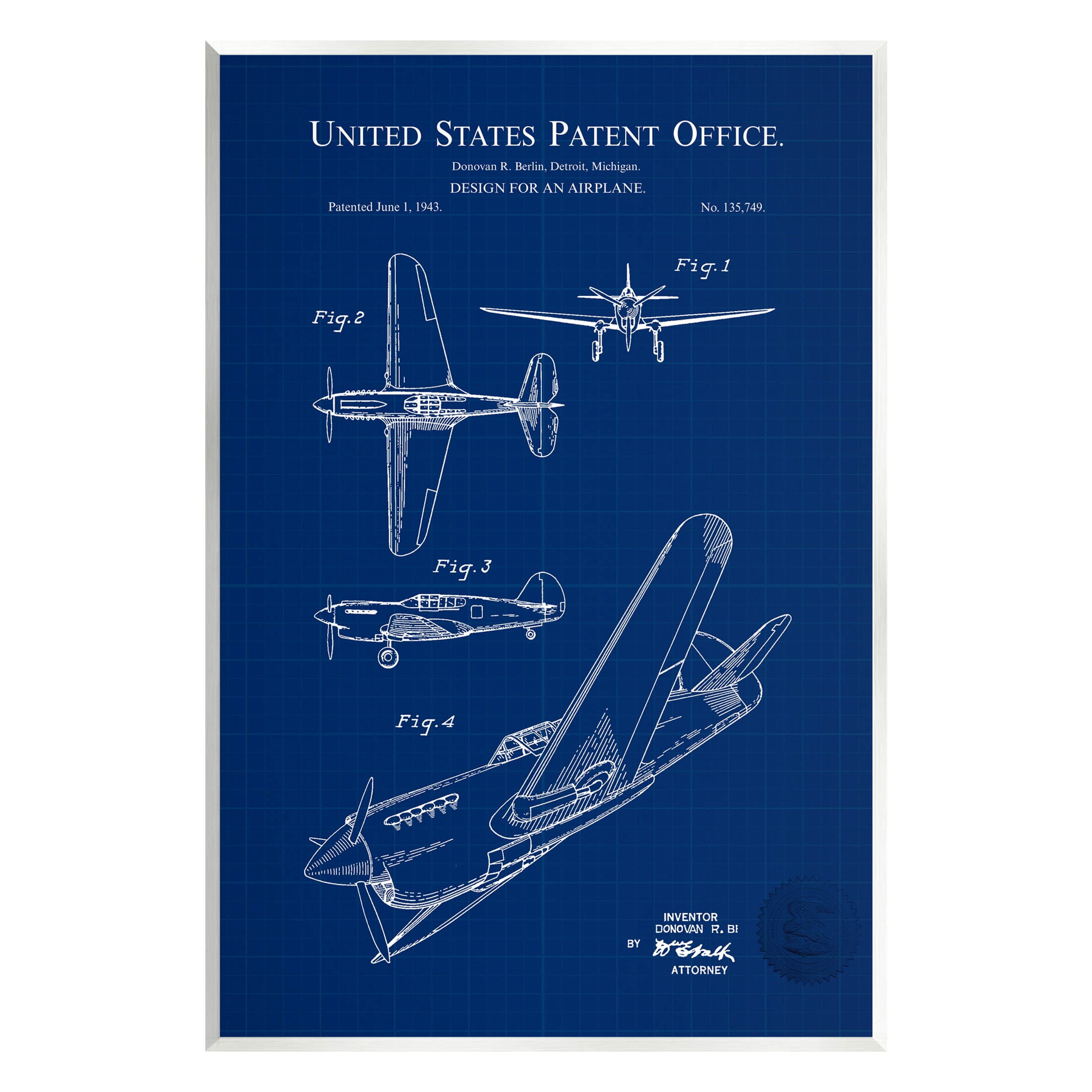 Stupell Industries Vivid Aircraft Blueprint Patent Graphic Art Unframed Art Print Wall Art, Design by Karl Hronek