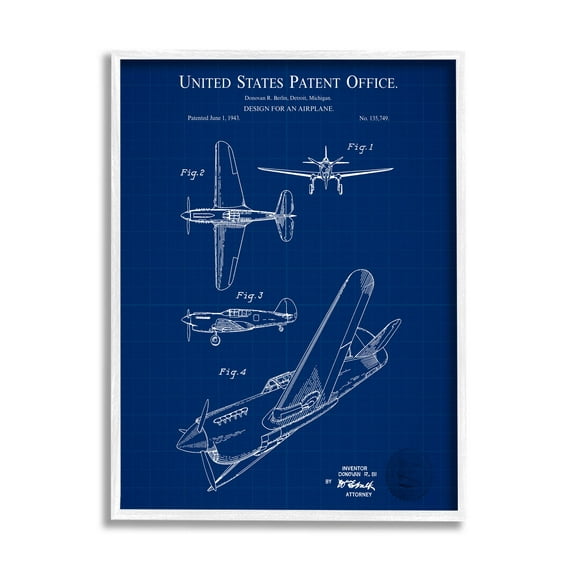 Stupell Industries Vivid Aircraft Blueprint Patent Graphic Art White Framed Art Print Wall Art, Design by Karl Hronek