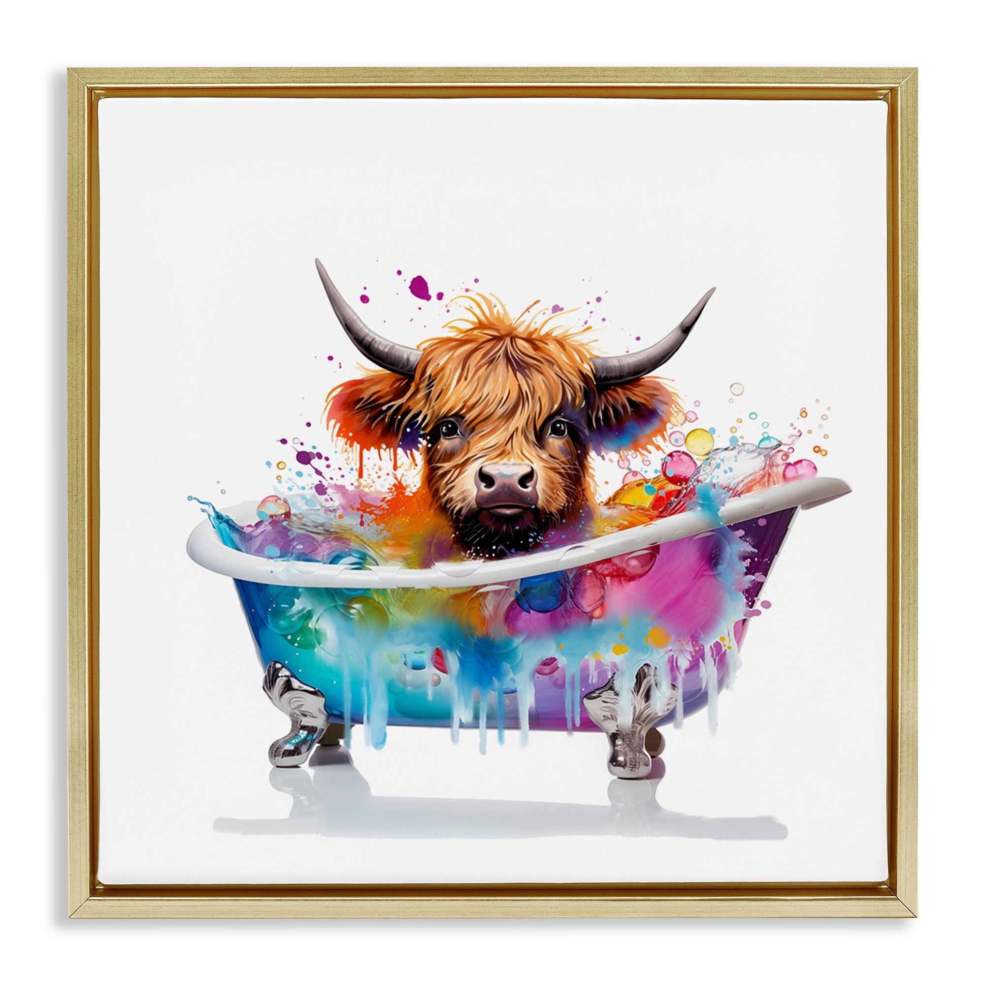 Stupell Industries Vivid Bath Time Cattle Typography Painting Gold Floater Framed Canvas Art Print Wall Art, 18 x 18
