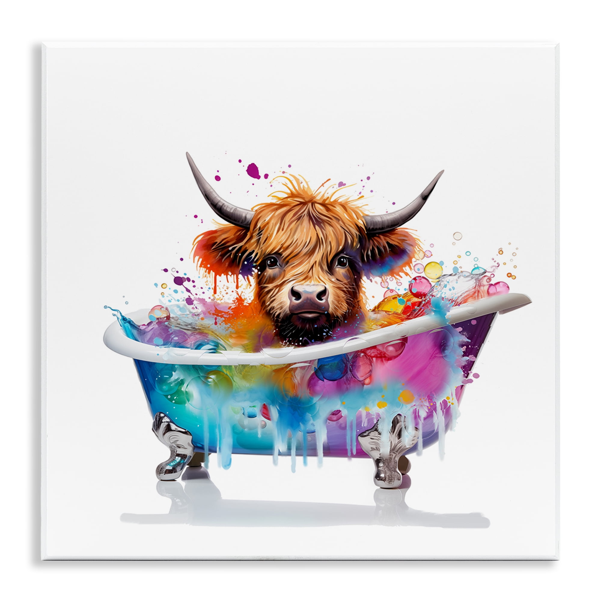 Vivid Multicolor Highland Cow Bath Time 12" x 12" Art Print
