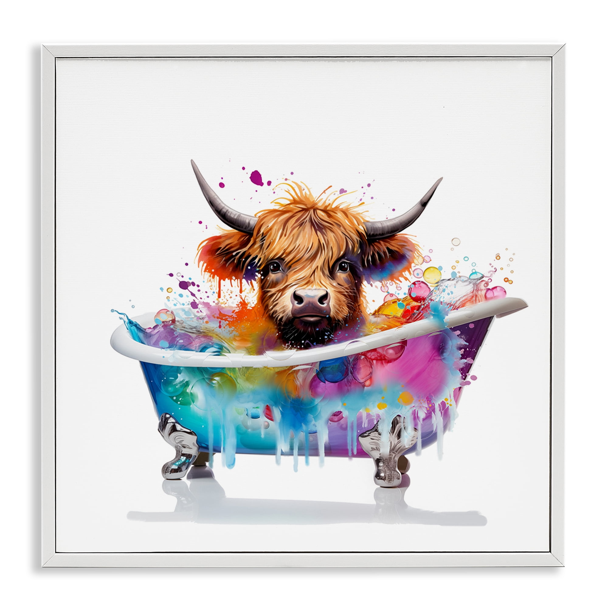 Stupell Industries Vivid Bath Time Cattle Typography Painting White Framed Art Print Wall Art, 24 x 24
