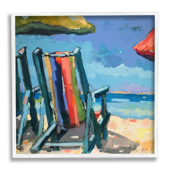 Stupell Industries Vivid Beach Chairs Shoreline Painting White Framed Art Print Wall Art, Design by Page Pearson Railsback