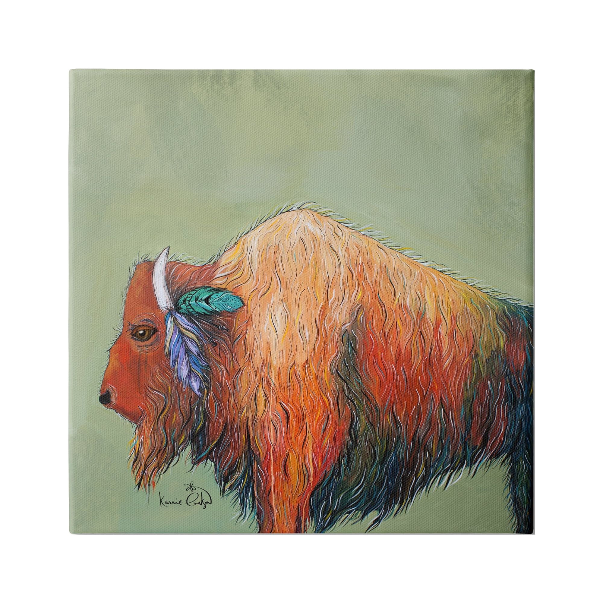 Stupell Industries Vivid Bison Hanging Feathers Horn Abstract Hair Painting Gallery Wrapped Canvas Print Wall Art, Design by Karrie Evenson