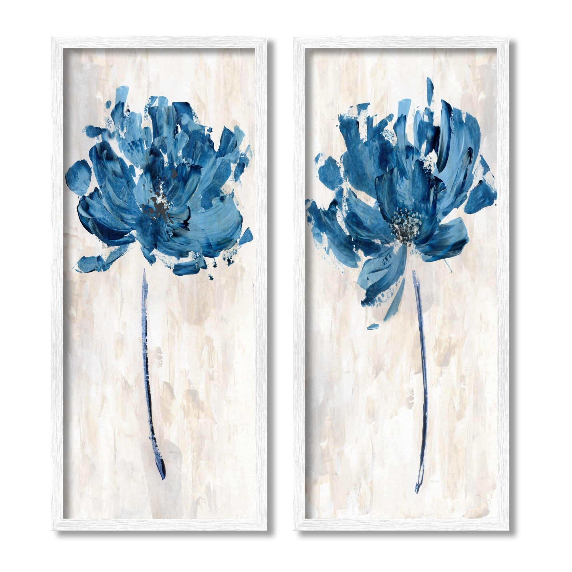 Stupell Industries Vivid Blue Abstract Flowers Rustic Florals Neutral Beige, 10 x 24, Design by Katrina Craven