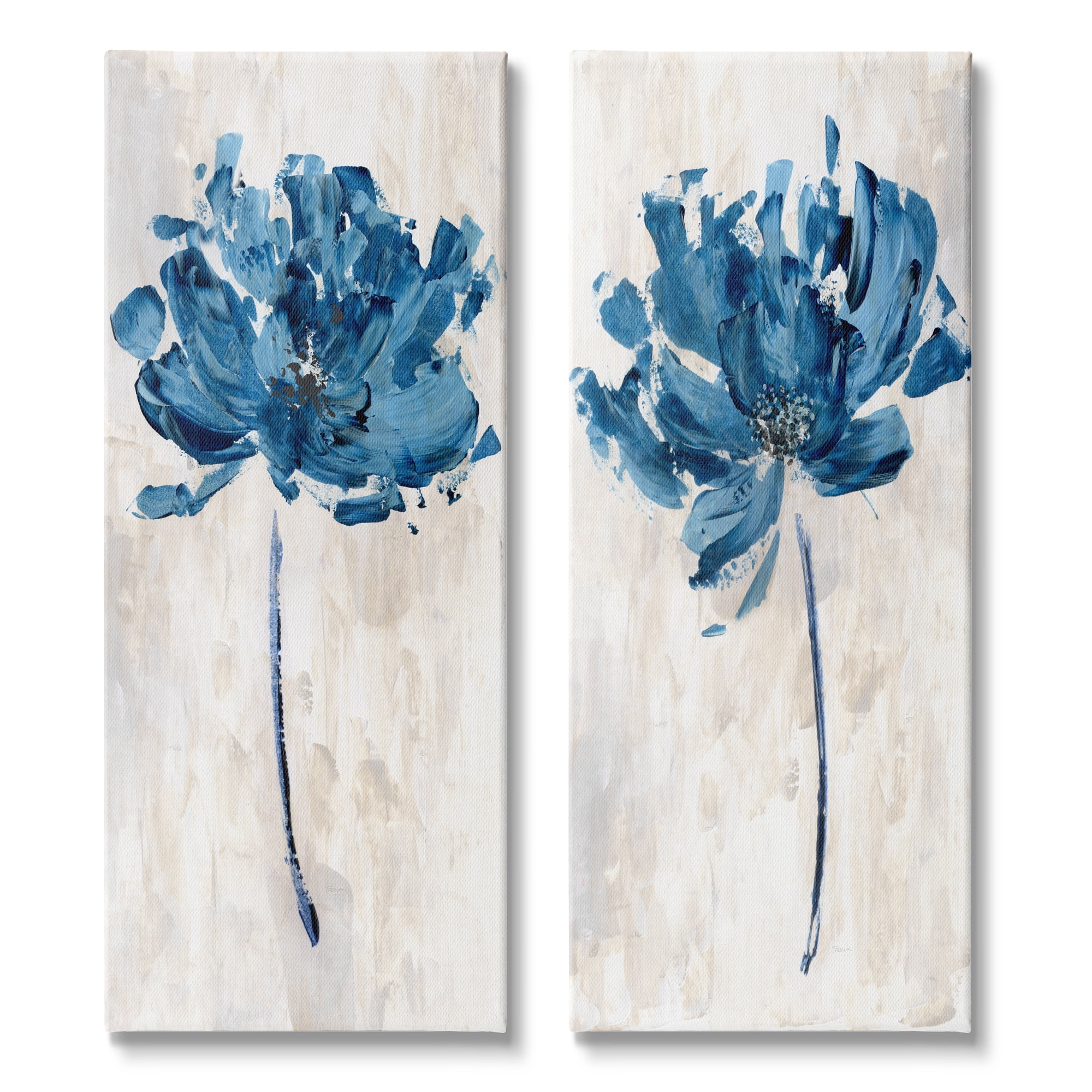 Stupell Industries Vivid Blue Abstract Flowers Rustic Florals Neutral Beige, 13 x 30, Design by Katrina Craven