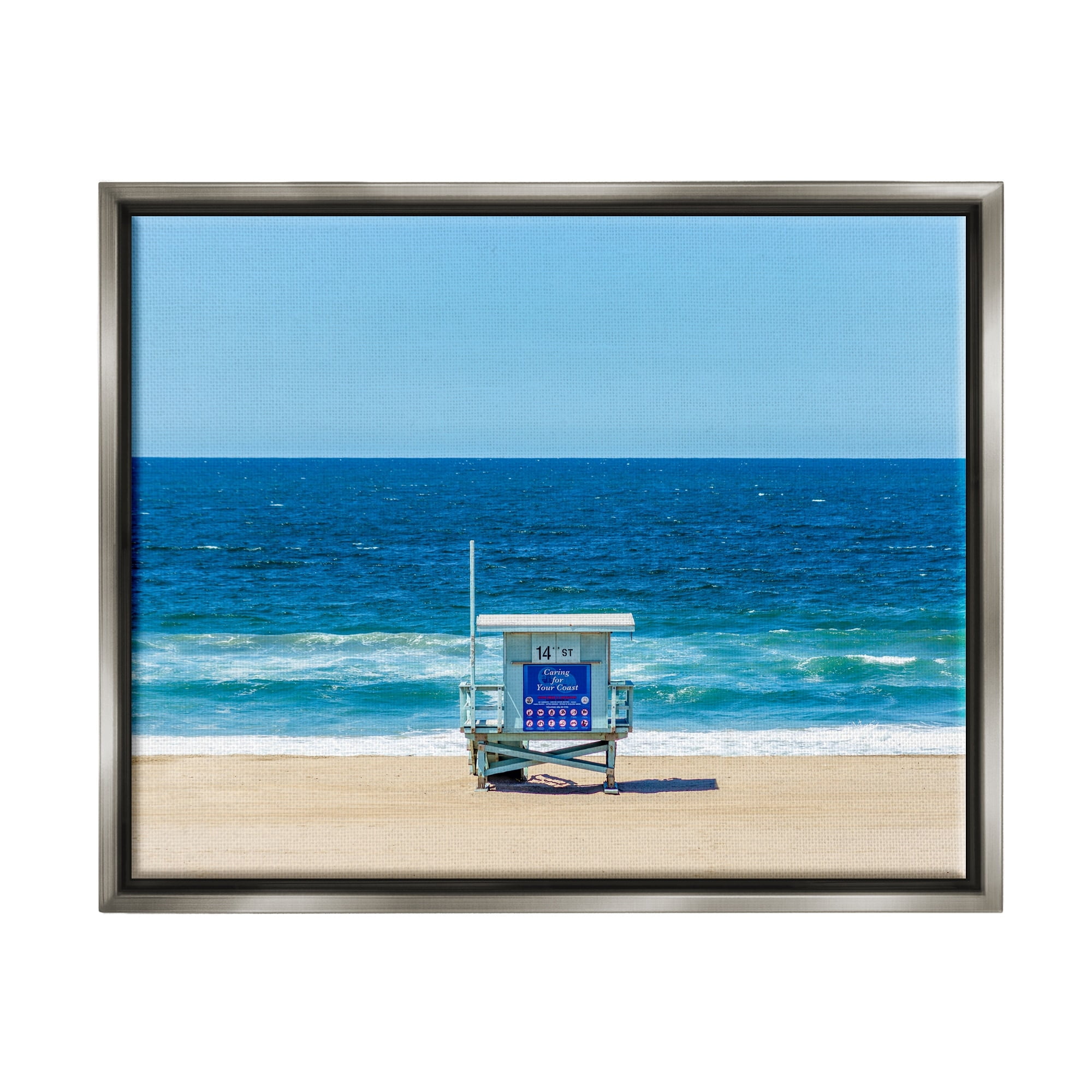 Stupell Industries Vivid Blue Beach Water Waves Coastline Hut Photograph Luster Gray Floating Framed Canvas Print Wall Art, Design by Jeff Poe Photography