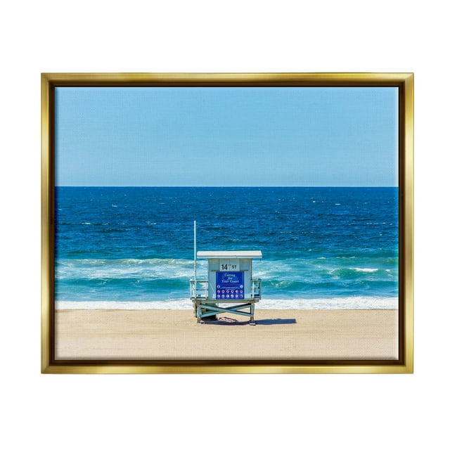 Stupell Industries Vivid Blue Beach Water Waves Coastline Hut Photograph Metallic Gold Floating Framed Canvas Print Wall Art, Design by Jeff Poe Photography