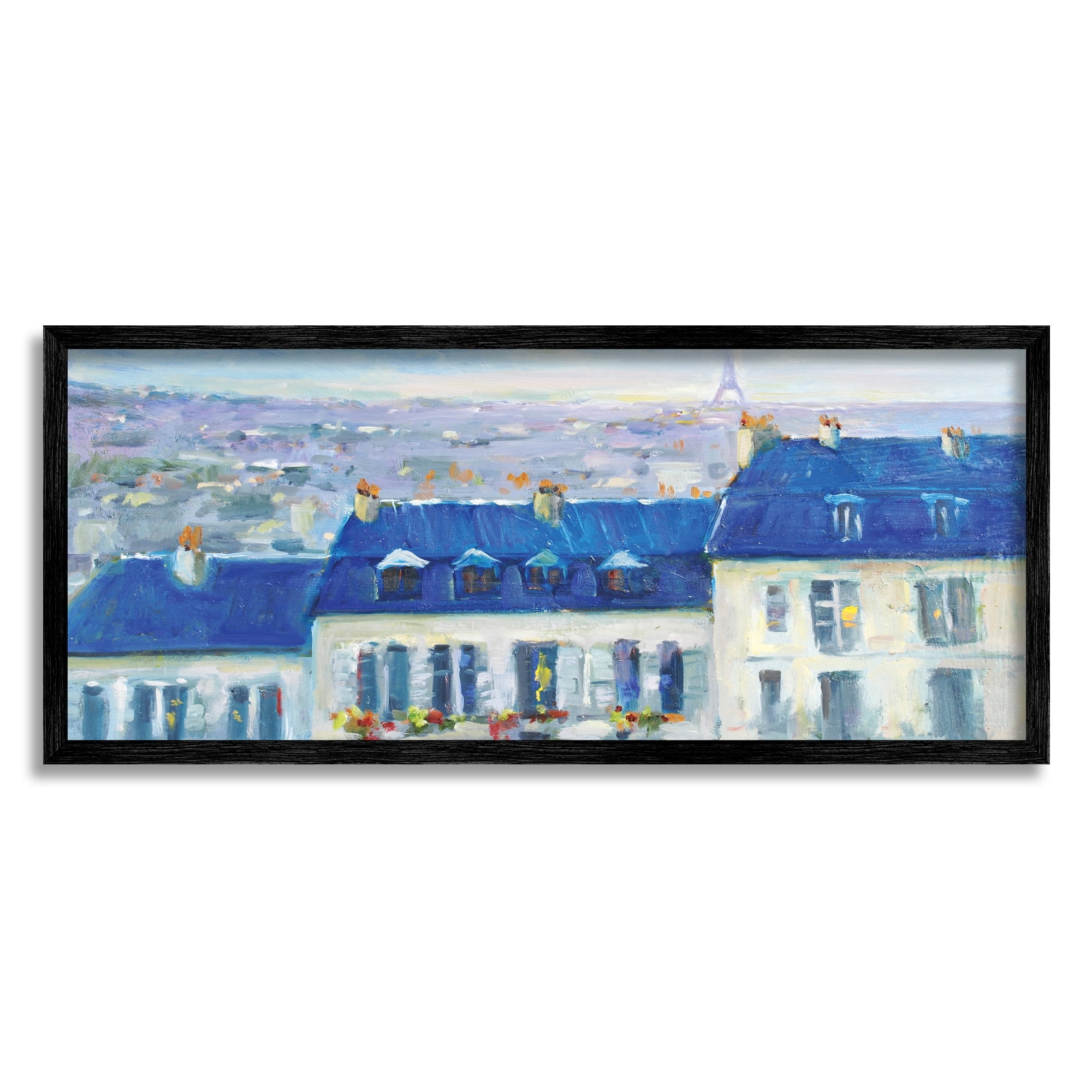 Stupell Industries Vivid Blue Cityscape Buildings Flower Lined Houses Painting Black Framed Art Print Wall Art, Design by JG Studios