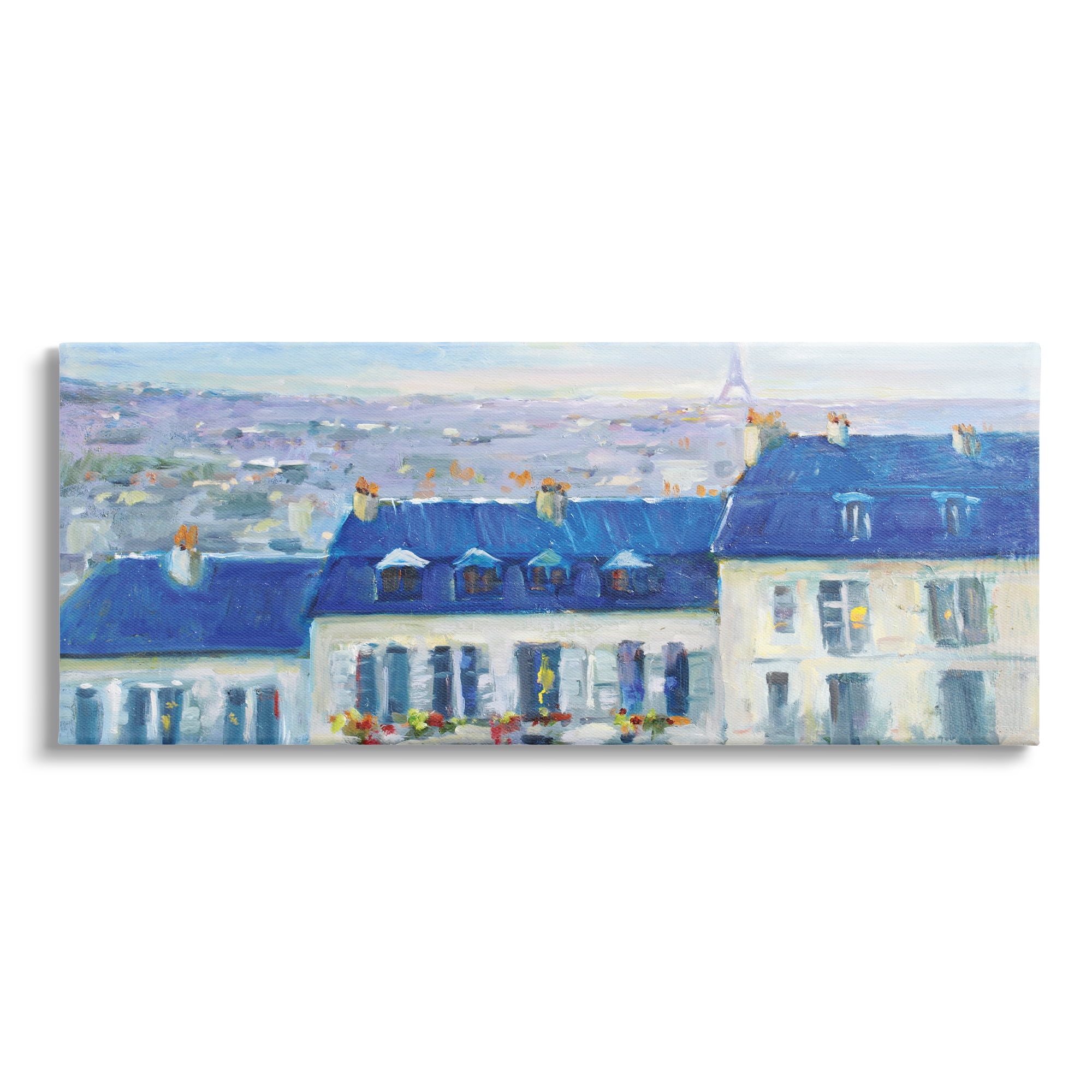 Stupell Industries Vivid Blue Cityscape Buildings Flower Lined Houses Painting Gallery Wrapped Canvas Print Wall Art, Design by JG Studios