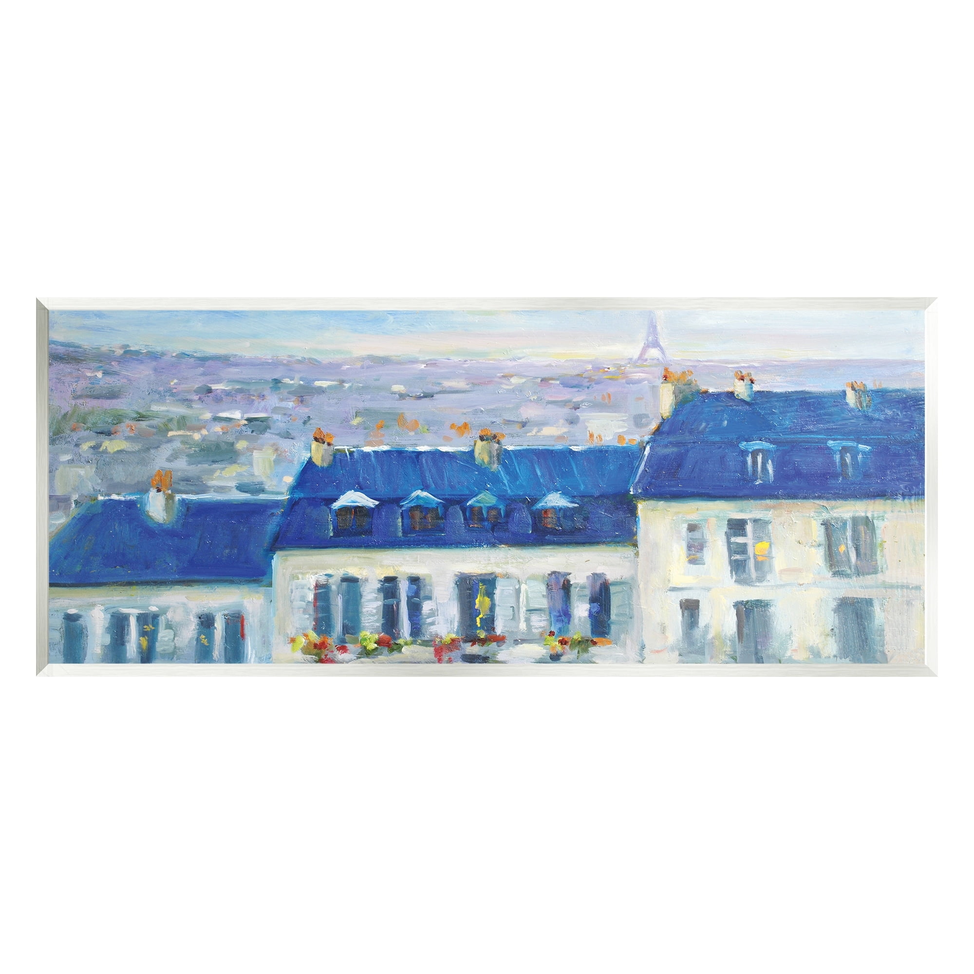 Stupell Industries Vivid Blue Cityscape Buildings Flower Lined Houses Painting Unframed Art Print Wall Art, Design by JG Studios