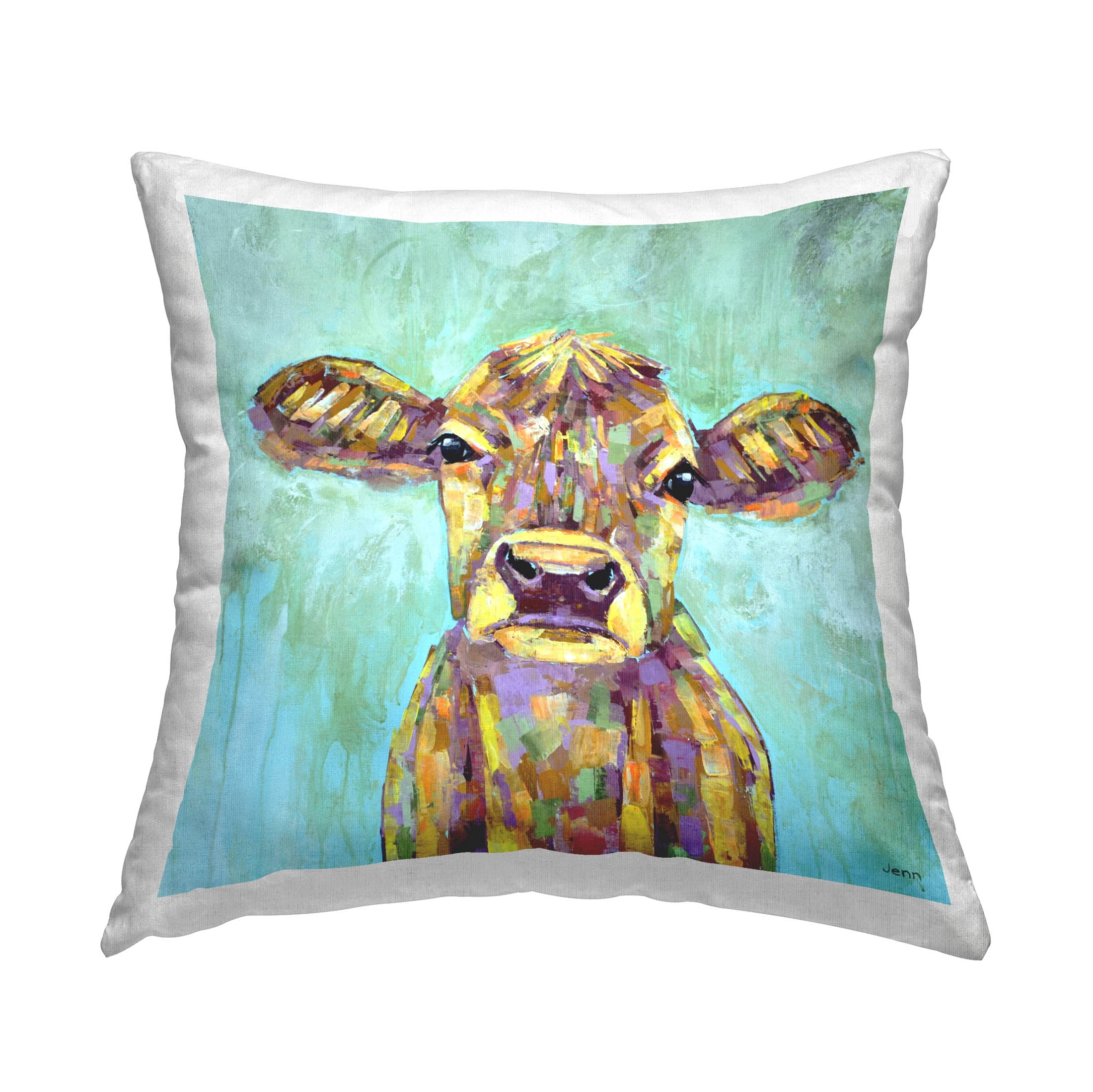 Stupell Industries Vivid Blue Country Calf Cattle Printed Throw Pillow Design by Jen Seeley