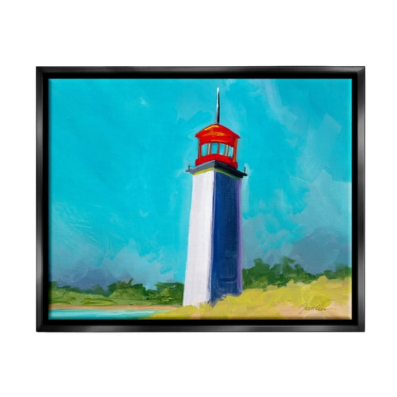 Stupell Industries Vivid Blue Lighthouse Nature Painting Black Floater Framed Art Print Wall Art, 21 x 17