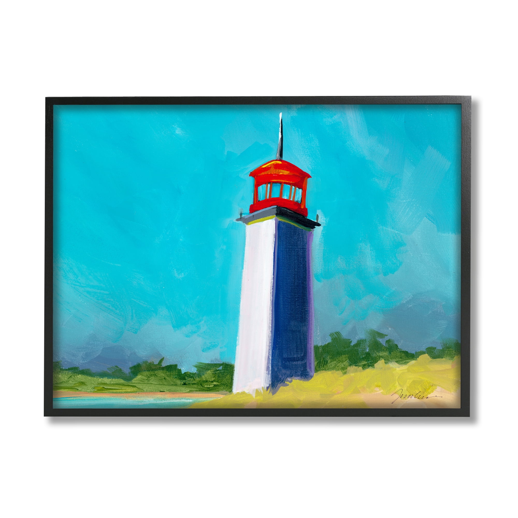 Stupell Industries Vivid Blue Lighthouse Nature Painting Black Framed Art Print Wall Art, 20 x 16