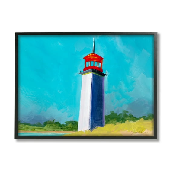 Stupell Industries Vivid Blue Lighthouse Nature Painting Black Framed Art Print Wall Art, 20 x 16