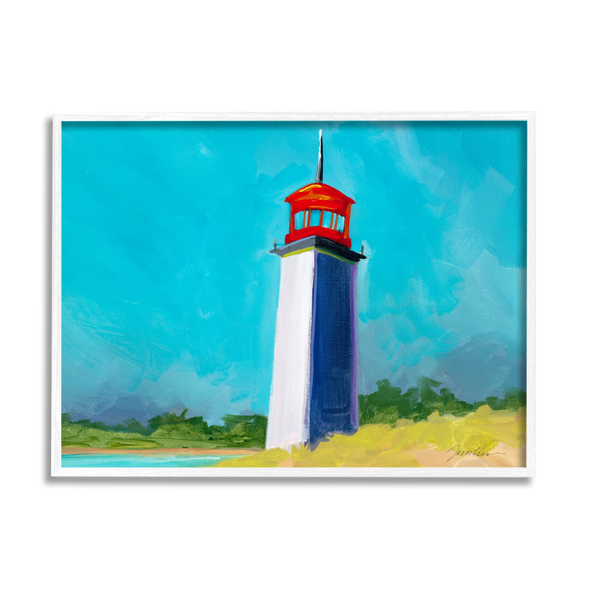 Stupell Industries Vivid Blue Lighthouse Nature Painting White Framed Art Print Wall Art, 20 x 16
