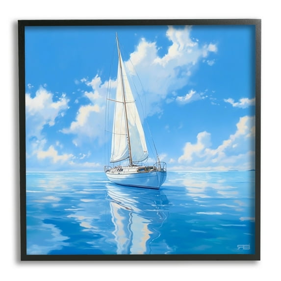 Stupell Industries Vivid Blue Sailboat Reflection Transportation Painting Black Framed Art Print Wall Art, 17 x 17