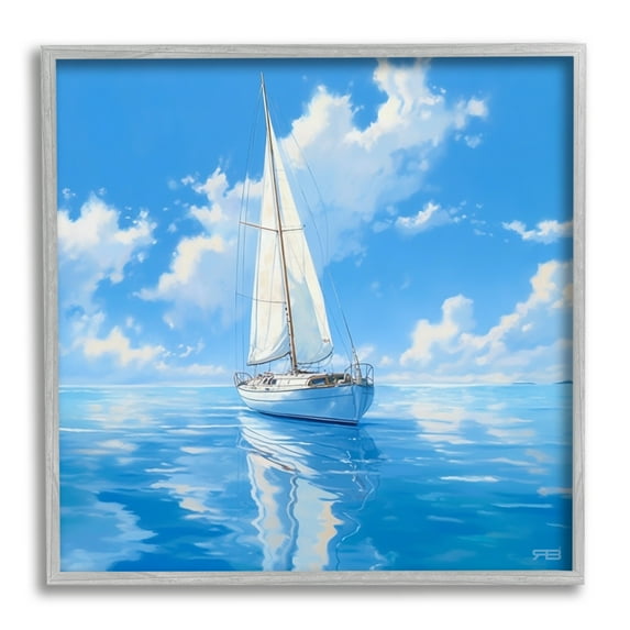 Stupell Industries Vivid Blue Sailboat Reflection Transportation Painting Gray Framed Art Print Wall Art, 12 x 12